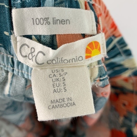 C&C California 100% Linen Tropical Floral Cropped Wide Leg Pull On Pants Sz S - Picture 7 of 9